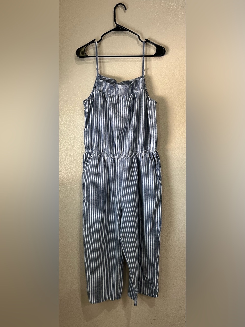 beachlunchlounge Blue White Striped Wide-Leg Jumpsuit Sz L Cotton Blend TC0692